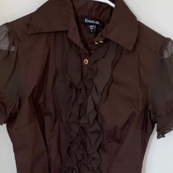 Bebe Brown Ruffle Blouse Small - Picture 4 of 6